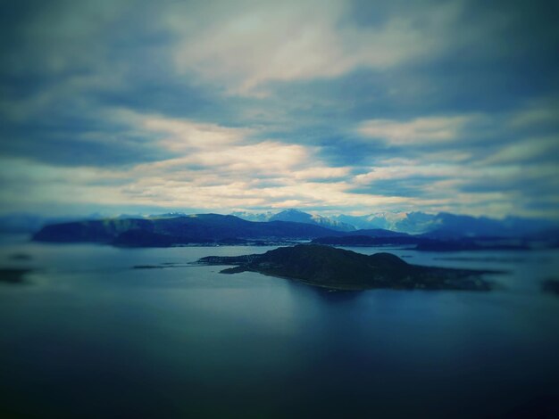 Aerial view of islands mountains at the end of the day before night comes panoramic view horizon