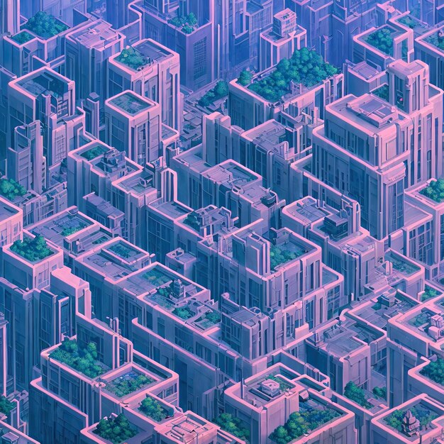 Aerial view of isometric stylized cyberpunk land, texture, pattern