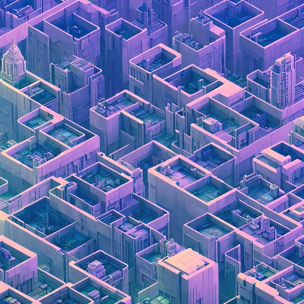 Aerial view of isometric stylized cyberpunk land, texture, pattern