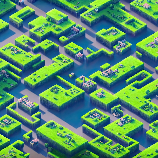 Aerial view of isometric stylized land, texture, pattern