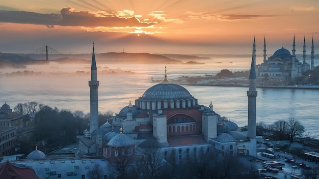 Воздушный вид города Стамбула на рассвете в Турции