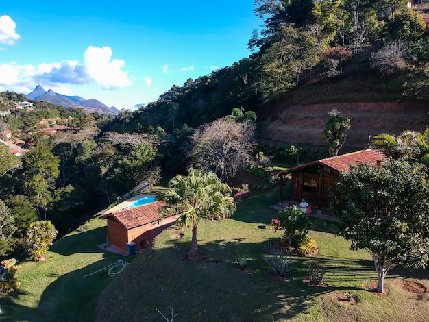 Aerial view of Itaipava, PetrÃÂ³polis. Mountains with blue sky and some clouds around PetrÃÂ³polis, mountainous region of Rio de Janeiro, Brazil. Drone photo. Sunny day.