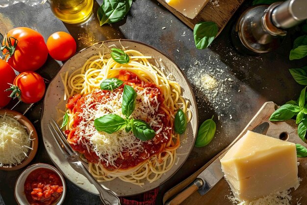 Foto una vista aerea di spaghetti di pasta italiana coperti di salsa di pomodoro, formaggio e basilico