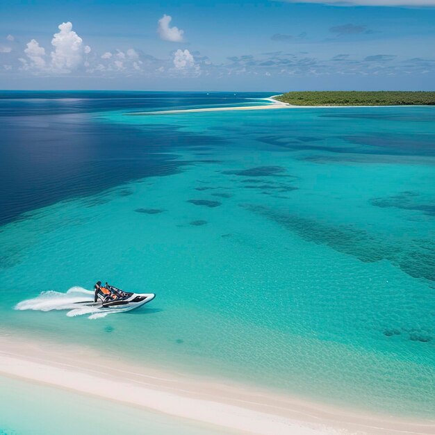 Aerial view of Jet Ski Tropical Ocean Maldives island summer vacation