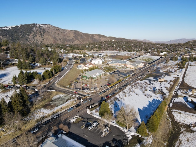 Aerial view of Julian during snow day. South California