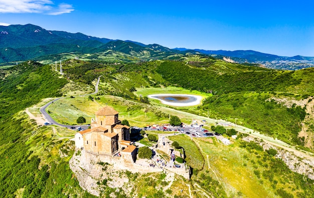 Aerial view of Jvari Monastery near Mtskheta. in Georgia