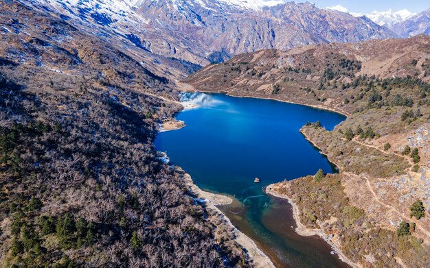 aerial view of Kaltal lake in Gorkha Nepal