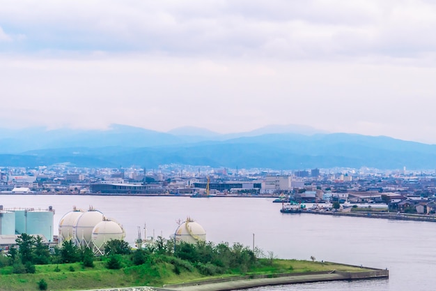 Aerial view of Kanazawa industrial port harbor with Kanazawa city in the background