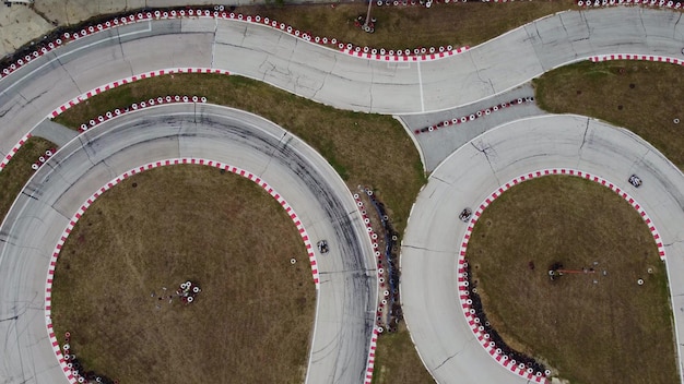 Aerial view of the karting track during the race Several racing karts compete on a special track