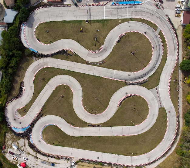 Aerial view of the karting track during the race Several racing karts compete on a special track