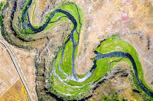 Aerial view of the Kasagh river at Oshakan in Armenia