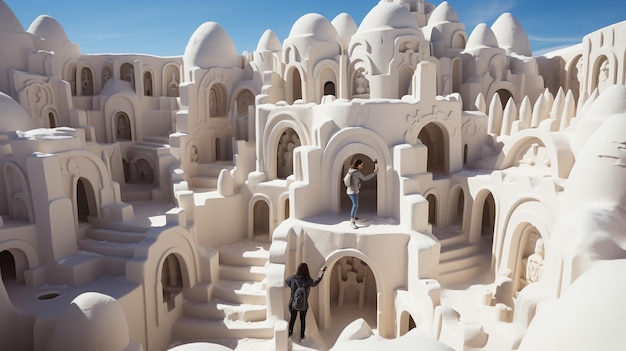 aerial view of kids playing in a golden snow fort set against the backdrop of a sunny day christmas