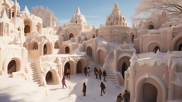 aerial view of kids playing in a golden snow fort set against the backdrop of a sunny day christmas