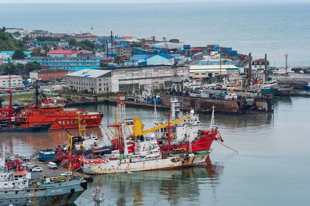 Aerial view of Korsakov port on Sakhalin Russia