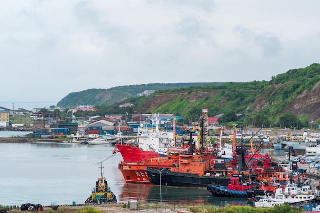 Aerial view of Korsakov port on Sakhalin Russia