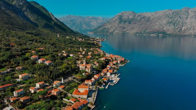 Aerial view of Kotor bay and small mediterranean town between mountains Montenegro