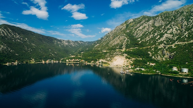 Aerial view of the Kotor bay and villages along the coast.