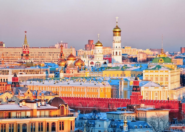 Aerial view to Kremlin and Moscow city in Russia in the evening.