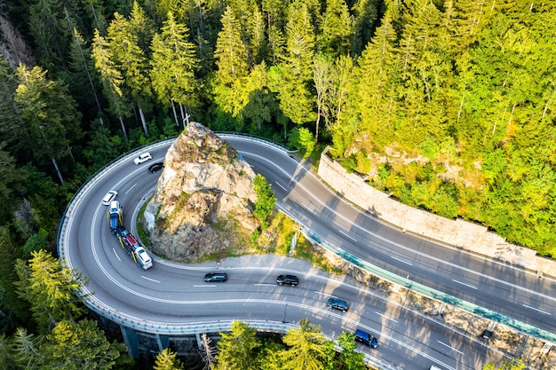 Aerial view of Kreuzfelsenkurve, a hairpin turn in the Black Forest Mountains, Germany