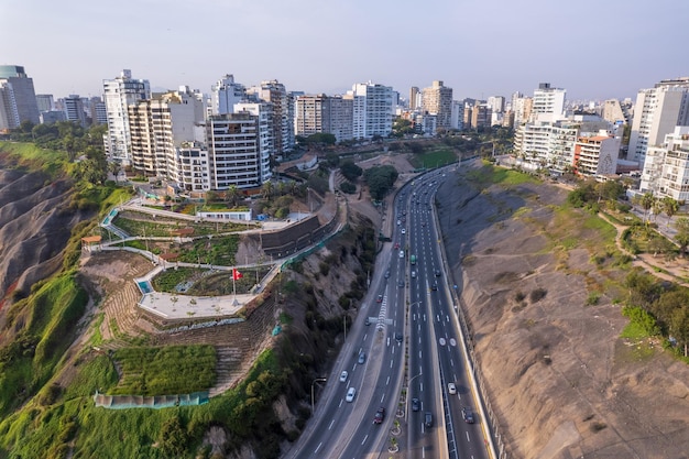 Aerial view of La Costa Verde and the Miraflores boardwalk in Lima