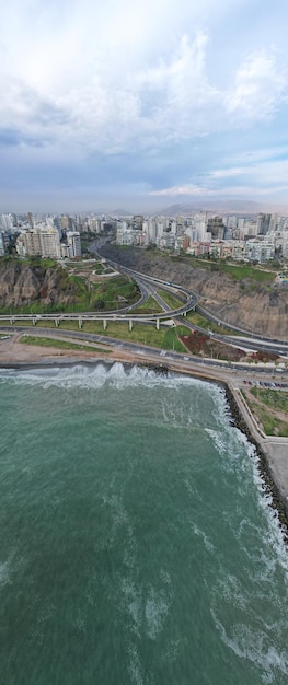 Aerial view of La Costa Verde and the Miraflores boardwalk in Lima