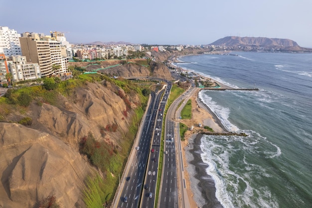 Aerial view of La Costa Verde and the Miraflores boardwalk in Lima