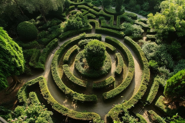 Взгляд с воздуха на лабиринтный сад, созданный искусственным интеллектом