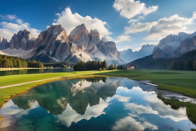 アルプス山脈の頂点と湖の山景色 Misurina Cortina d'Ampezzo イタリア 著名なTre Cime di Lavaredoを反映した