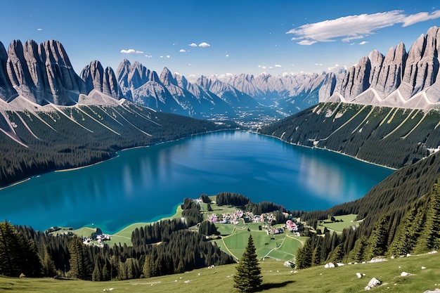 Aerial view of Lago Antorno Dolomites Lake mountain landscape