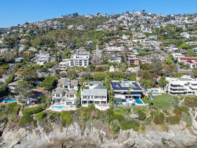 Aerial view of Laguna Beach coastline town with vilas on the hills Southern California Coastline