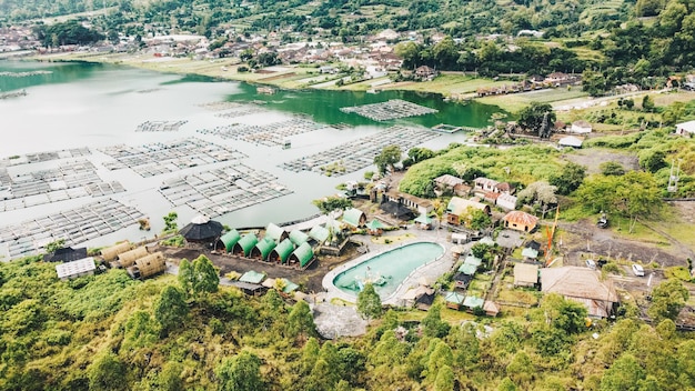 Aerial view of lake Batur in the morning in the Kintamani area Bali Indonesia