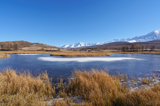 Aerial view Lake Dzhangyskol in Altai Republic Siberia Russia