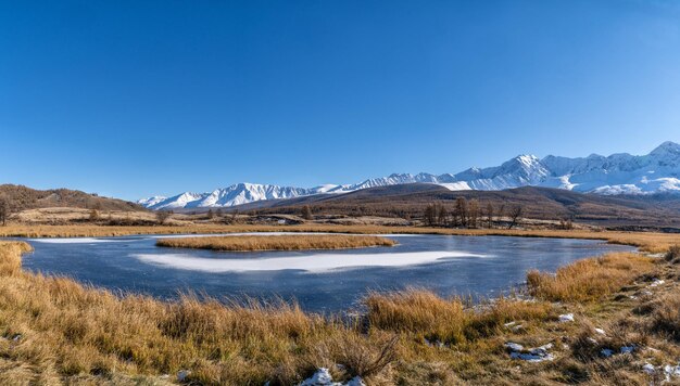 Aerial view Lake Dzhangyskol located in Altai Republic Siberia Russia