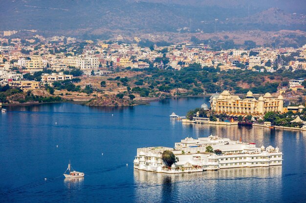 Aerial view of lake pichola with palace jag niwas