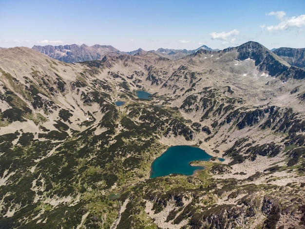 Aerial view of a lake in the Pirin mountains with blue clear water Bansko Bulgaria