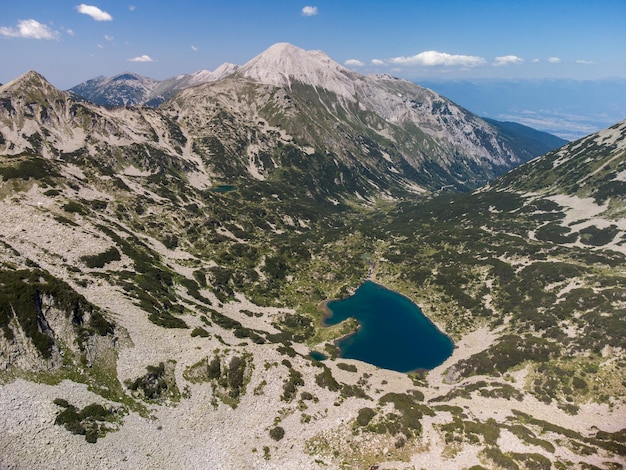 Aerial view of a lake in the Pirin mountains with blue clear water Bansko Bulgaria