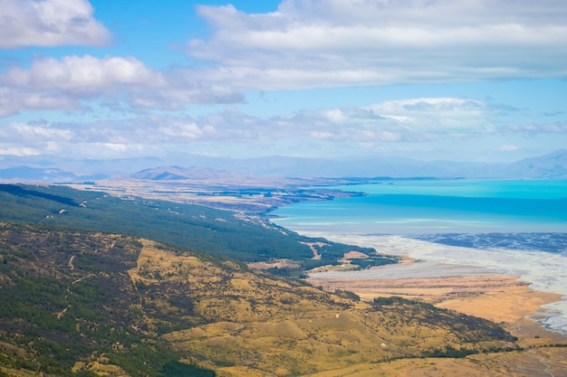 Aerial view of Over Lake Pukaki ,Mount Cook National Park in South island New Zealand