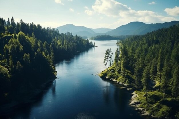 aerial view of a lake with mountains and trees.