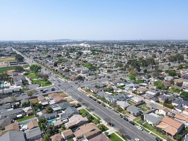 Aerial view of Lakewood middle class neighborhood city in Los Angeles County California USA