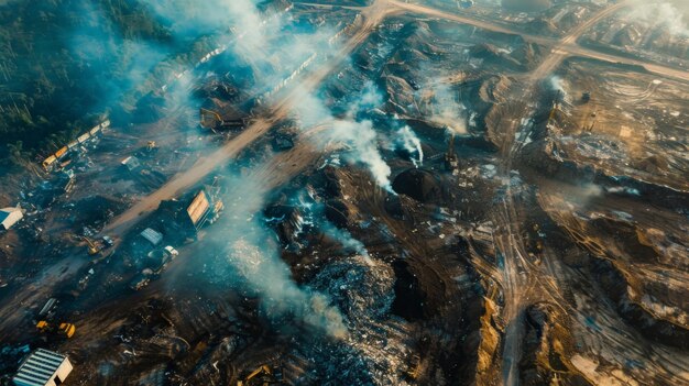 Aerial view of a landfill site emitting noxious fumes into the atmosphere exacerbating air pollution