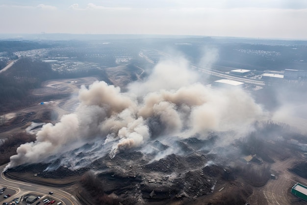 Aerial view of landfills with smoke and fumes rising from the waste