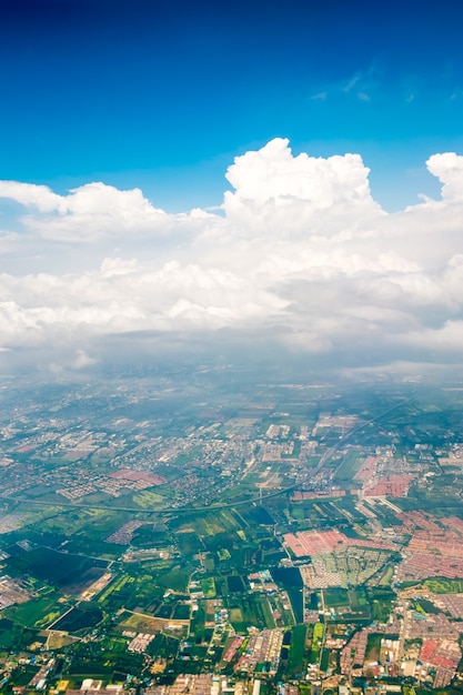 Aerial view landscape of Bangkok city in Thailand with cloud