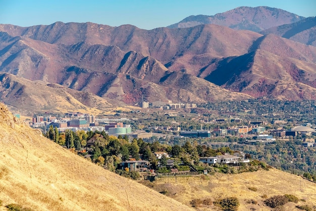 Aerial view of landscape and buildings against sky