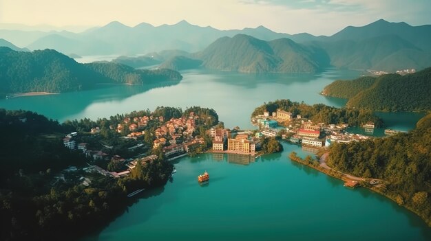 Aerial view landscape of the lake of guatape from rock of guatape Generative ai