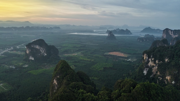 aerial view landscape of  Mountain in Twilight  time ,  Krabi Thailand