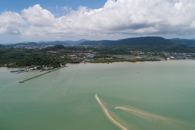 Aerial view of landscape nature scenery view of Beautiful tropical sea with Sea coast view in Phuket Thailand summer season image by Aerial view drone shot, high angle view.