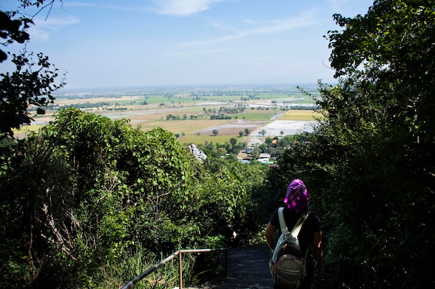 ワット・カオ・サナム・チャエング寺院 (Wat Khao Sanam Chaeng Temple) の景色と米畑 ( paddy land) はタイのロプブリ (Lopburi) のバン・ミ (Ban Mi) の農村を観光するタイ人のための谷村の丘から眺められます