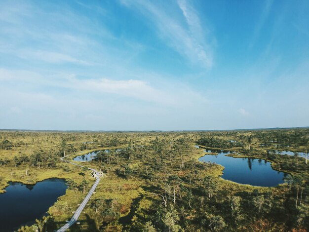 Aerial view of landscape with lake and trees against sky