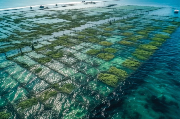 Aerial view of a large aquaculture seaweed farm in the sea