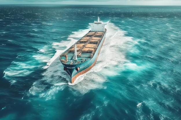 Воздушный вид крупного грузового контейнерного корабля, плавающего в море Генеративная иллюстрация ИИ